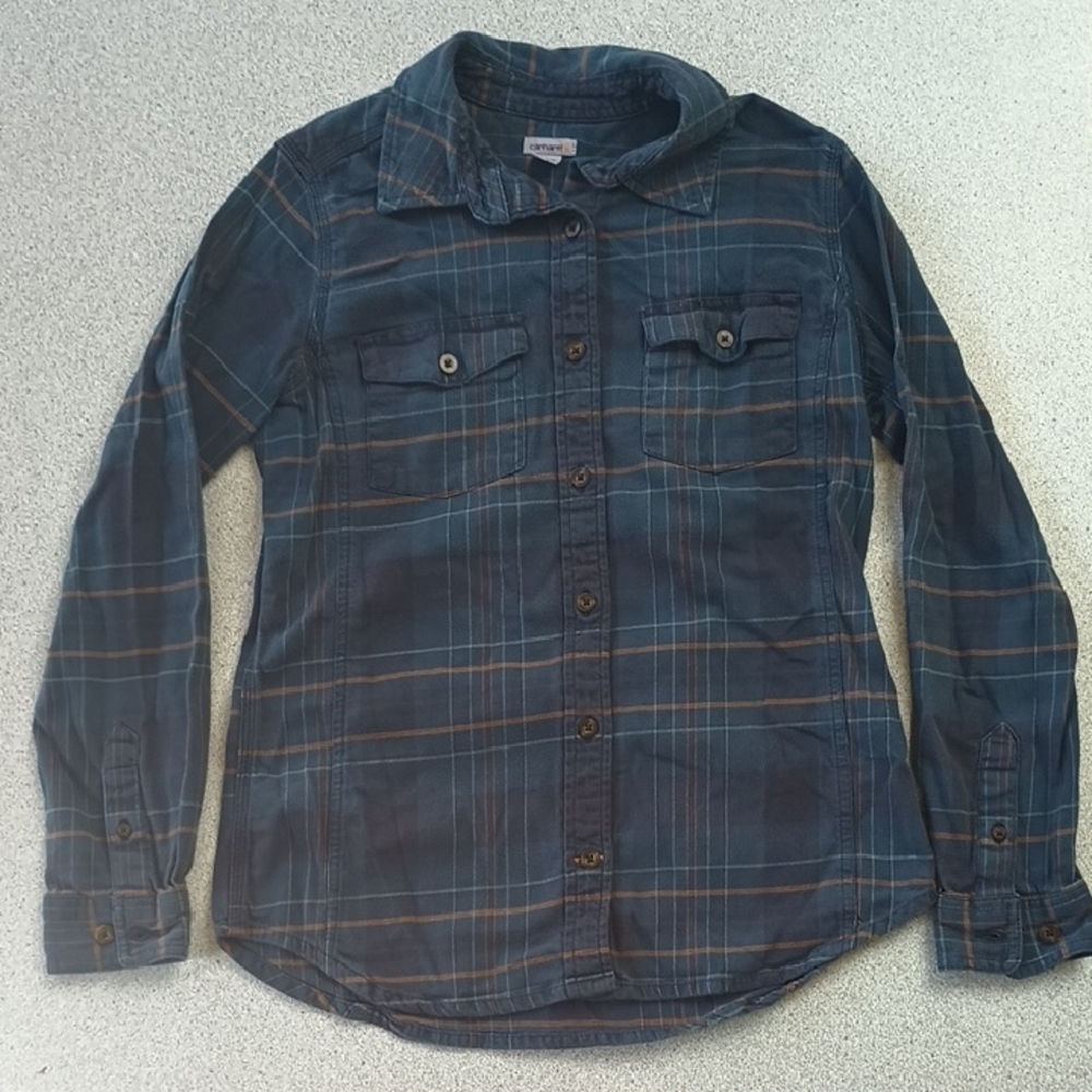 Carhartt Navy and Orange Plaid Button Down Shirt
